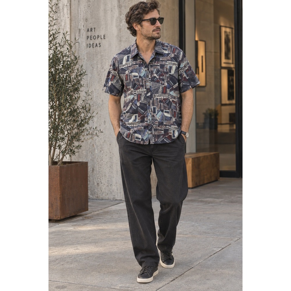 Peruvian Connection Abstract Geometric Print Cotton Shirt XXL Short Sleeve